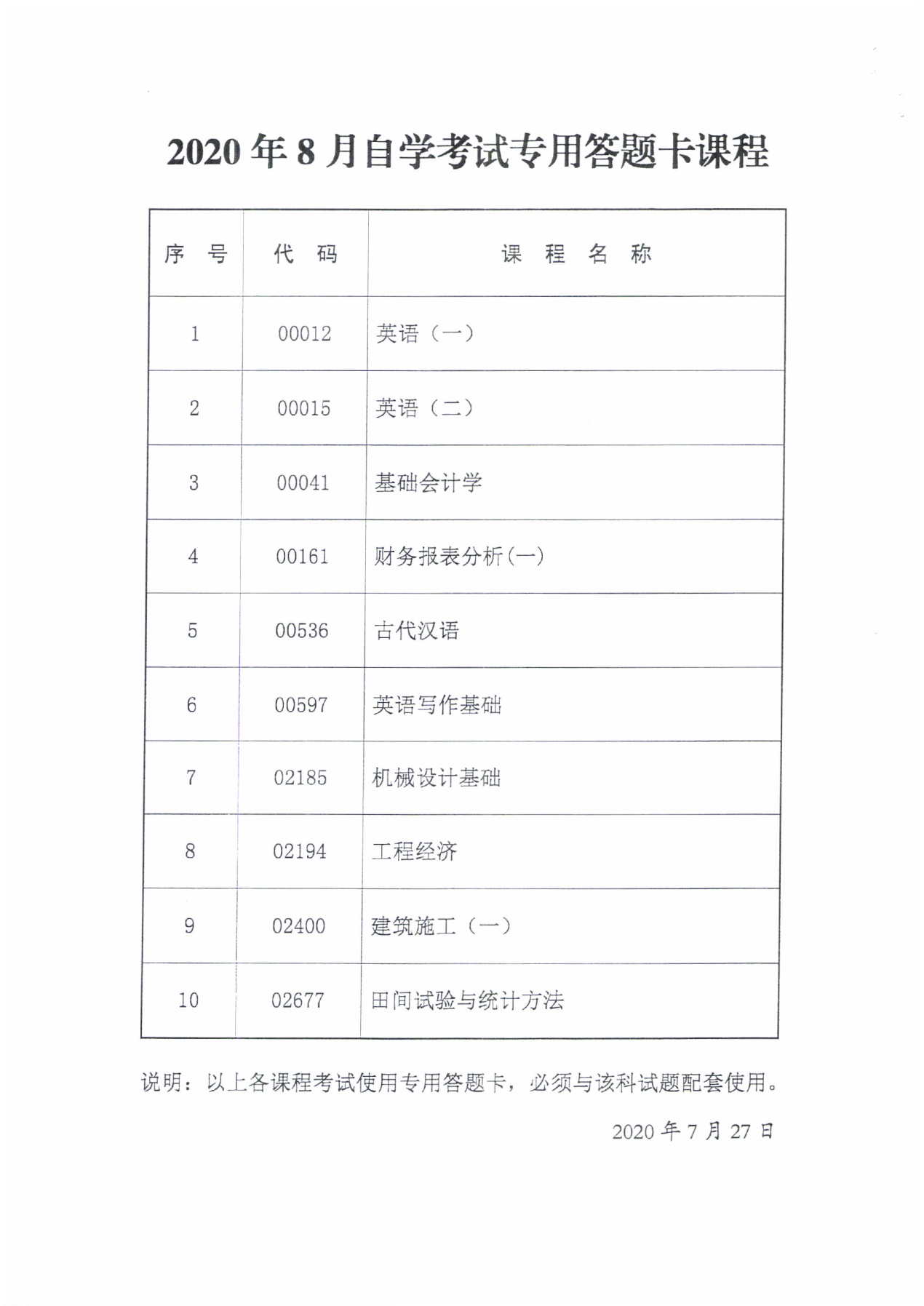 2020年8月自学考试专用答题卡课程，传统卷课程信息(图1)