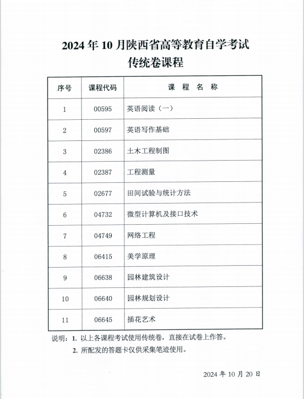 2024年10月陕西省高等教育自学考试专用答题卡课程、传统卷课程信息(图2)